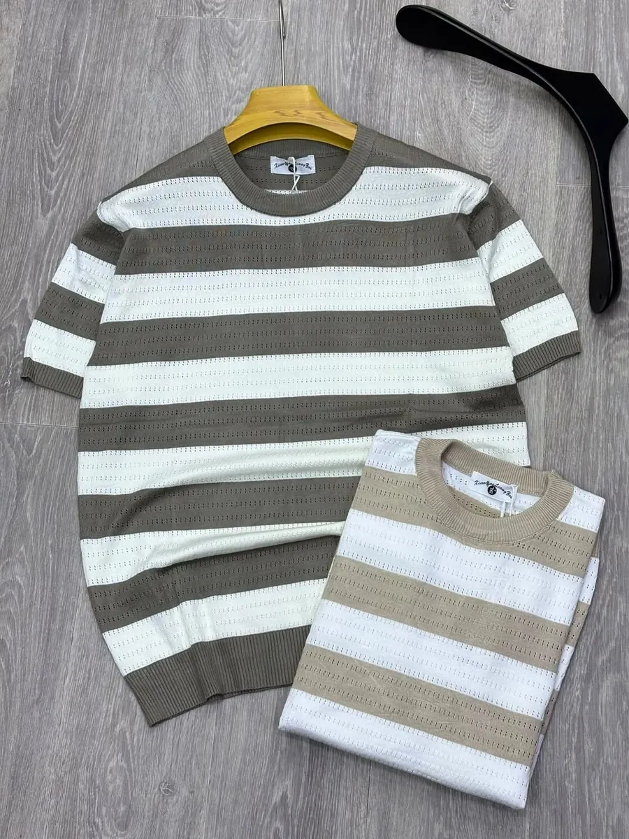 Taupe Wide-Stripe Pointelle Tee